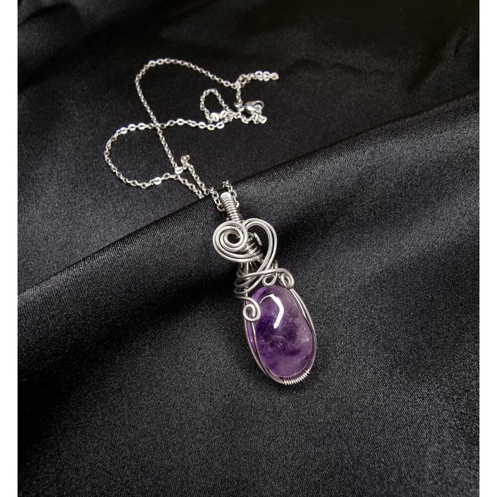 Genuine Amethyst Necklace With Handcrafted  Wire Wrap Pendant